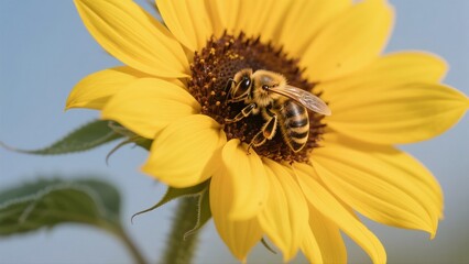 Macro photography of bees collecting nectar from golden sunflowers: A macro lens captures in high definition the vivid moment when a bee perches on a sunflower disk to gather nectar. The fine hairs on
