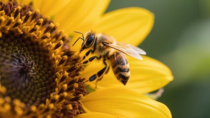 Macro photography of bees collecting nectar from golden sunflowers: A macro lens captures in high definition the vivid moment when a bee perches on a sunflower disk to gather nectar. The fine hairs on