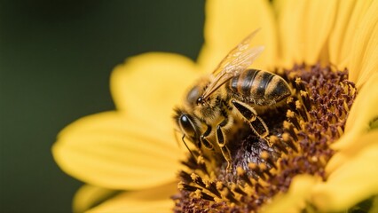 Macro photography of bees collecting nectar from golden sunflowers: A macro lens captures in high definition the vivid moment when a bee perches on a sunflower disk to gather nectar. The fine hairs on