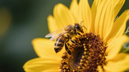 Macro photography of bees collecting nectar from golden sunflowers: A macro lens captures in high definition the vivid moment when a bee perches on a sunflower disk to gather nectar. The fine hairs on
