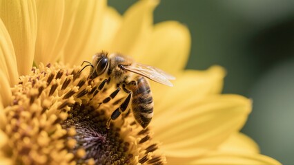 Macro photography of bees collecting nectar from golden sunflowers: A macro lens captures in high definition the vivid moment when a bee perches on a sunflower disk to gather nectar. The fine hairs on