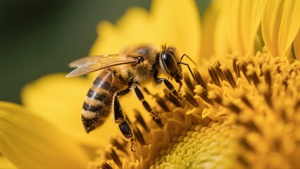 Macro photography of bees collecting nectar from golden sunflowers: A macro lens captures in high definition the vivid moment when a bee perches on a sunflower disk to gather nectar. The fine hairs on
