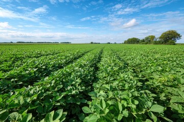 Sunlit soybean farm: parallel rows stretching to the horizon