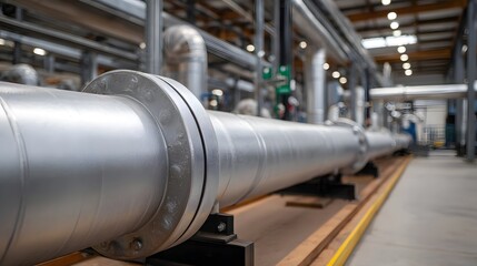 Naklejka premium A large industrial pipeline wrapped in insulation runs through a modern factory interior