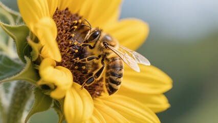 Macro photography of bees collecting nectar from golden sunflowers: A macro lens captures in high definition the vivid moment when a bee perches on a sunflower disk to gather nectar. The fine hairs on