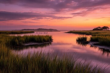 Sunset reflections on a tranquil Virginia salt marsh with distant silhouettes