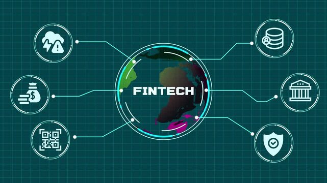 Fintech digital finance technology concept with secure online banking, mobile payment, data protection and connected financial icons.