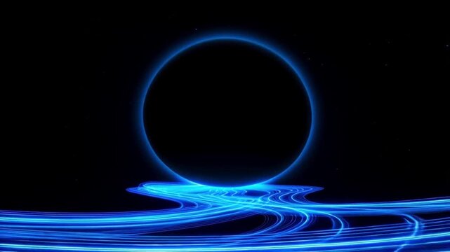 Abstract space cosmic vortex black hole immersion, viewer dives inward as luminous blue waves radiate outward from the center, suggesting gravity, motion, depth, energy, mystery, infinity, and calm te