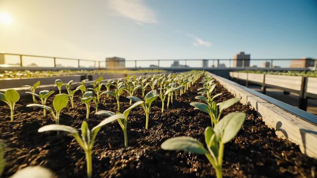 Young plants on rooftop. A rooftop garden filled with young plants growing in clean rows, framed by open sky and soft light.