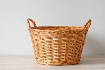 Obraz premium Empty wicker laundry basket in clean minimal interior with white wall and wooden floor. Natural rattan hamper for home organization, storage and eco-friendly lifestyle concept.