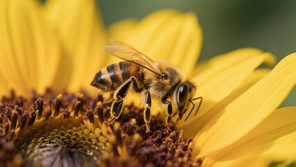 Macro photography of bees collecting nectar from golden sunflowers: A macro lens captures in high definition the vivid moment when a bee perches on a sunflower disk to gather nectar. The fine hairs on