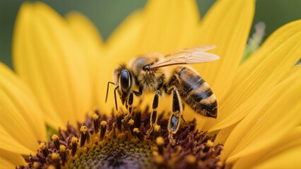 Macro photography of bees collecting nectar from golden sunflowers: A macro lens captures in high definition the vivid moment when a bee perches on a sunflower disk to gather nectar. The fine hairs on