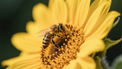 Macro photography of bees collecting nectar from golden sunflowers: A macro lens captures in high definition the vivid moment when a bee perches on a sunflower disk to gather nectar. The fine hairs on