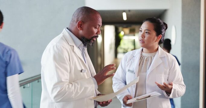 Results, discussion and disagreement with doctors in hospital for treatment plan, rejection or medical report. Bad news, healthcare diagnosis and negotiation with people for conflict and feedback