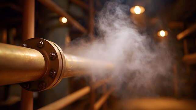 An industrial pipeline possibly brass emits a dense plume of steam in a dimly lit high temperature environment