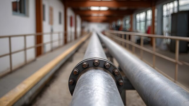 Industrial pipeline system running through a large factory hall with parallel pipes and walkways