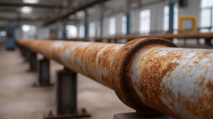 A long heavily rusted industrial pipeline stretches across an empty factory floor showing signs of corrosion and age