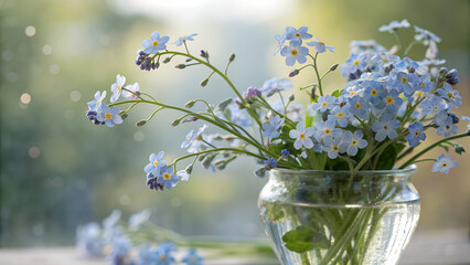 Soft-focused closeup of blue and white forget-me-nots in a slightly warped transparent glass vase, natural window light bending through the glass, dreamy bokeh background, shallow depth of field, gent