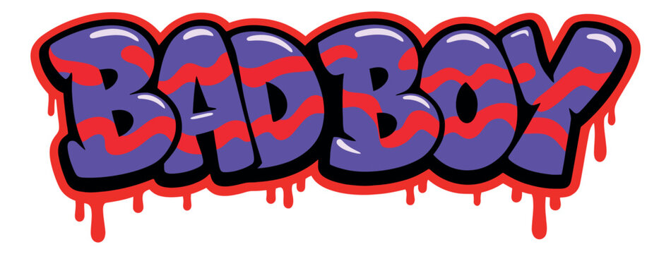 Vibrant graffiti style illustration of the word BADBOY depicting street art lettering with a dripping paint effect for youth culture and urban themes