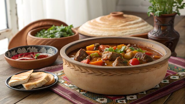 Azerbaijan Traditional Buglama Meat and Vegetable Stew in Cultural Setting