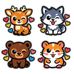 Cute cartoon deer, wolf, bear, and hamster vector set with colorful hearts, isolated on white