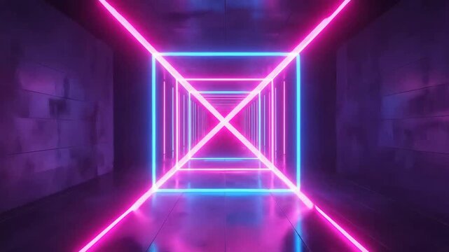 Abstract neon cube floating in a dark, futuristic corridor with vibrant lighting.