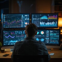 Professional Data Analyst Working at Multi-Monitor Workstation with Financial Charts and Analytics in a Dimly Lit Office