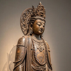 Close-up Portrait of a Serene Bronze Bodhisattva Statue with Ornate Crown and Halo