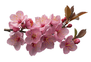 Pink blossoms on branch; buds and leaves; isolated against black background