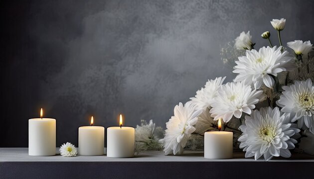 backdrop of somber condolences a textured gray background with fresh white chrysanthemums and lit white candles generative ai