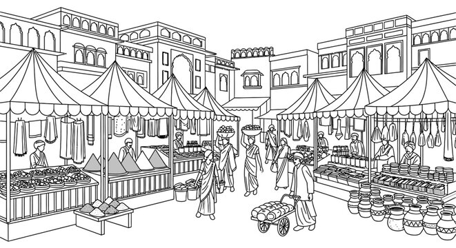Traditional Indian Market Bazaar Line Art Illustration, Street Scene with People and Architecture.