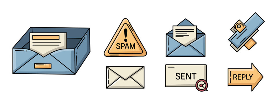 Collection of email and mail communication icons featuring an inbox, spam warning, open envelope, sent message, and reply arrow in a flat, colorful illustration style
