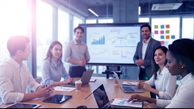 Business team in meeting with presenting with charts and graphs on screen Modern office.