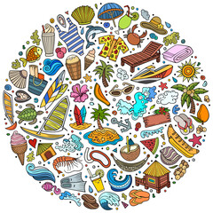 Colorful vector set of Summer Beach cartoon doodle objects, symbols and items. Round composition