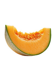 Cantaloupe slice orange flesh, green rind, missing bite on a dark background