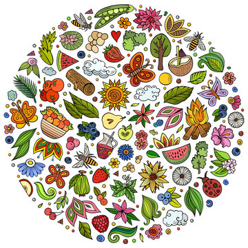 Colorful vector set of Summer Nature cartoon doodle objects, symbols and items. Round composition
