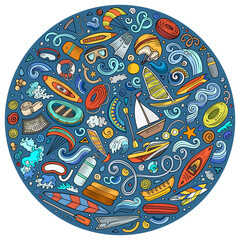 Obraz premium Colorful vector set of Water Sport cartoon doodle objects, symbols and items. Round composition