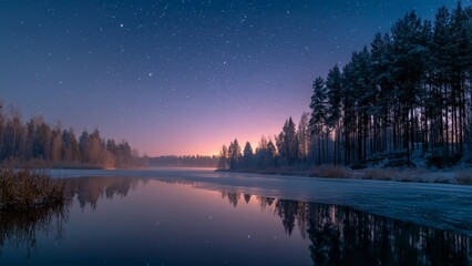 Fototapeta premium Mystical Winter Forest Night With Stars Glowing Above the Lake