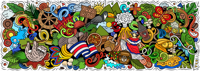 Colorful Costa Rica vector illustration with tropical wildlife, exotic plants, beaches, volcanoes and culture elements. Perfect for travel, tourism, adventure and nature themes © balabolka