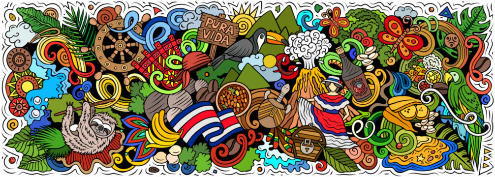 Colorful Costa Rica vector illustration with tropical wildlife, exotic plants, beaches, volcanoes and culture elements. Perfect for travel, tourism, adventure and nature themes