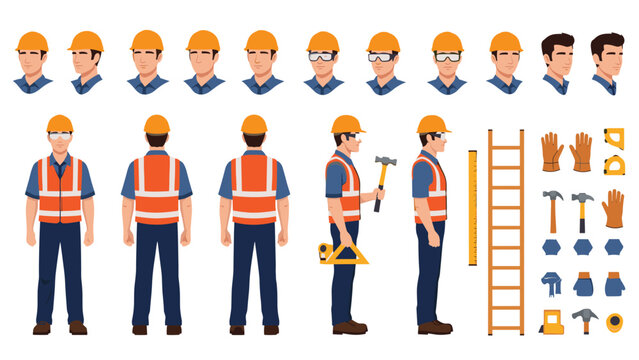Professional construction worker character sheet featuring front, back, and side views with various tools and safety gear.