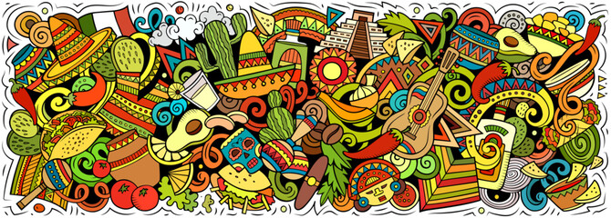 Fototapeta premium Mexico vector illustration with culture, traditions, food, sombreros, cactuses, pyramids and music. Perfect for travel, tourism, festivals and holiday design
