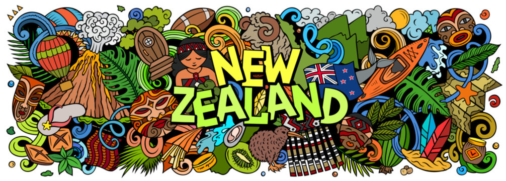 New Zealand vector illustration with nature, Maori culture, mountains, beaches, wildlife and adventure activities. Perfect for travel, tourism and holiday design projects