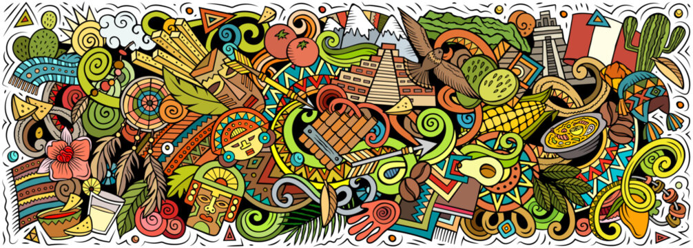 Peru vector illustration with Machu Picchu, mountains, Inca culture, llamas, food and nature. Perfect for travel, tourism, history and adventure design projects