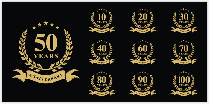Collection of number 10 to 100 luxury anniversary logo design. Celebration days special vector symbol icon concept, serif font graphic symbol