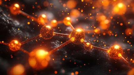 Glowing orange molecular structure, on textured dark backdrop, with small bokeh