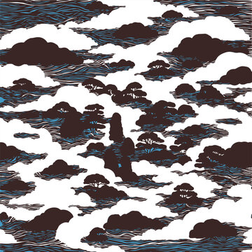Elegant Japanese-style background with dark brown pine tree silhouettes nestled in white clouds. Hand-drawn woodblock etching and blue line textures create a serene, layered aesthetic.
