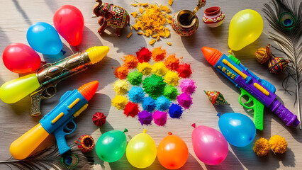 Vibrant Holi Celebration Setup with Colorful Water Guns, Balloons, and Flowers on Wooden Surface