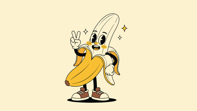 Happy banana fruit character with a peeled skin, joyfully giving a peace sign and smiling cheerfully.