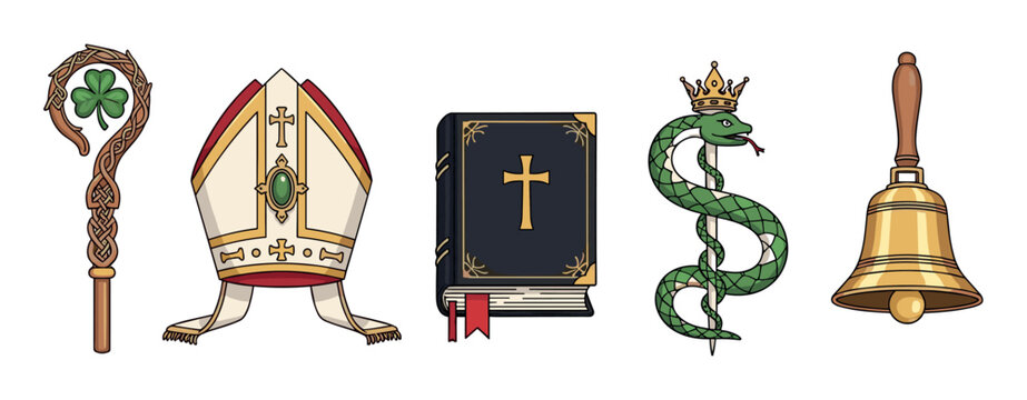 Set of five religious Christian symbols featuring a Celtic crosier with a shamrock, a bishop's mitre, a holy bible, a crowned snake on a staff, and a golden handbell illustration